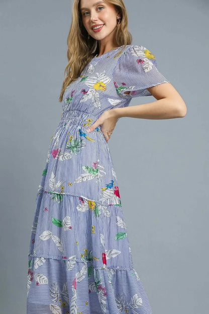 Smocked Waist Floral Short Sleeve Midi Dress - Eva's Edition