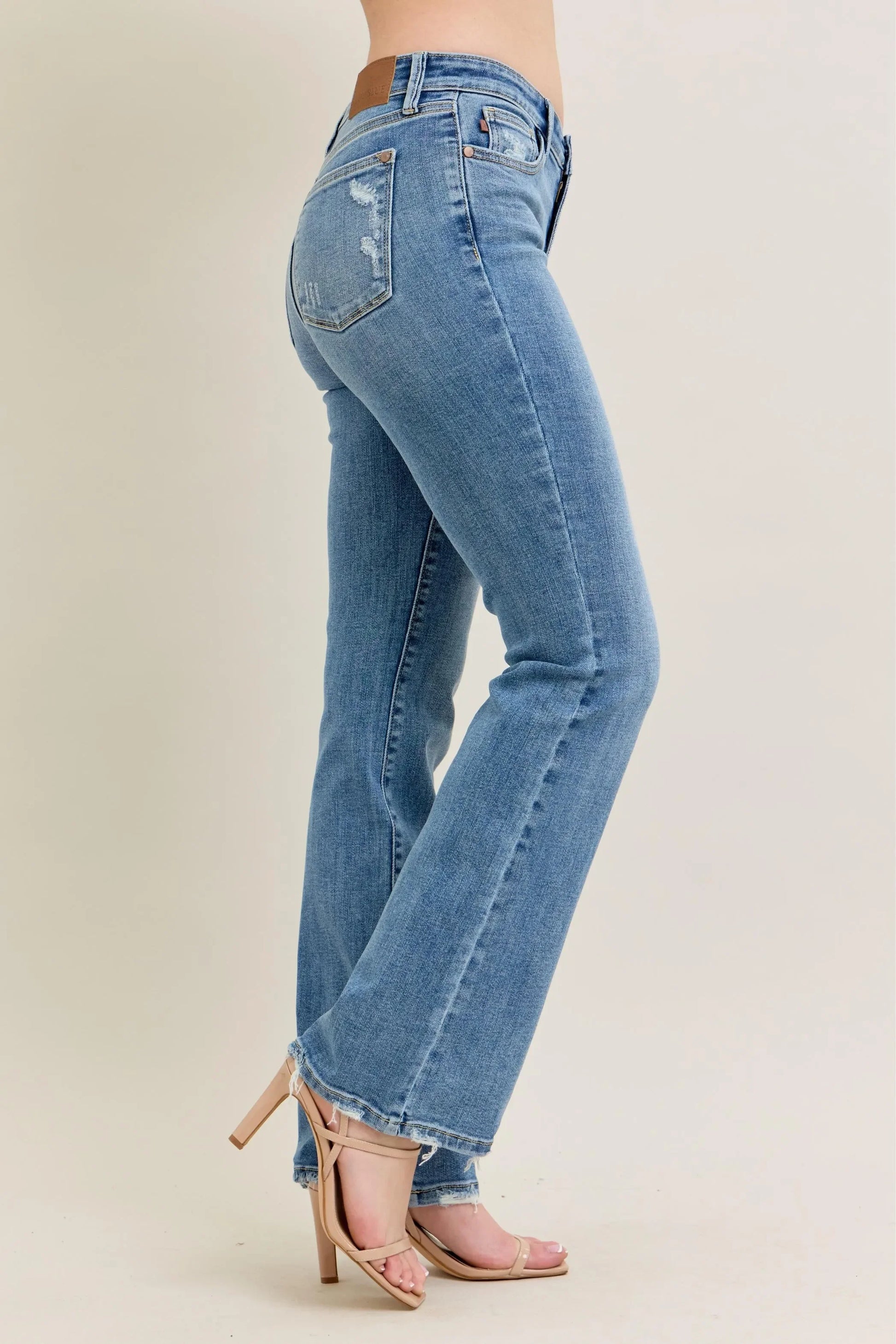 Mid Rise Wash Destroy Hem Bootcut Jeans - Eva's Edition
