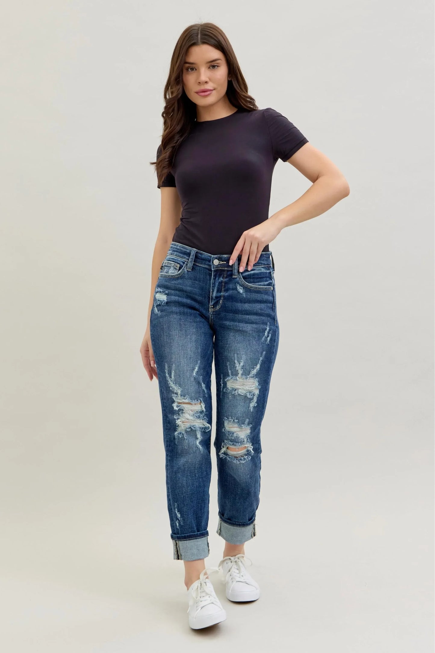 Mid Rise Cuffed Destroy Bf Jeans Plus Size - Eva's Edition
