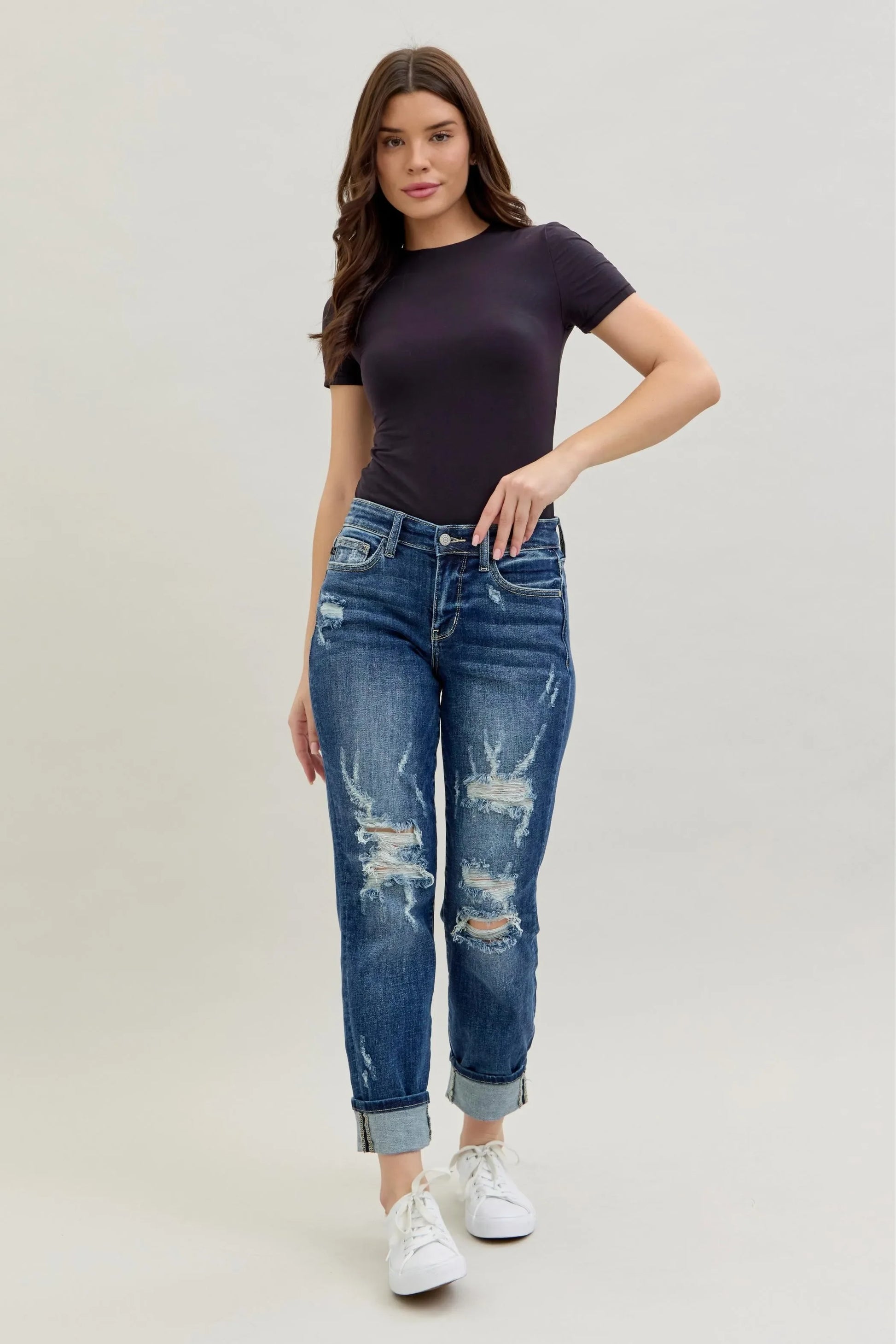 Mid Rise Cuffed Destroy Bf Jeans Plus Size - Eva's Edition