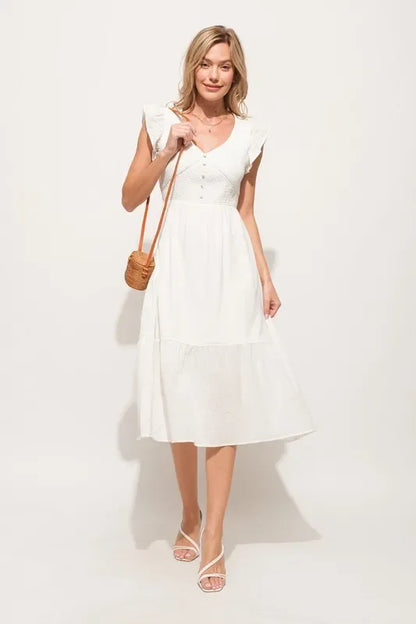 Ruffle Sleeve Front Smocked Tiered Midi Dress - Eva's Edition