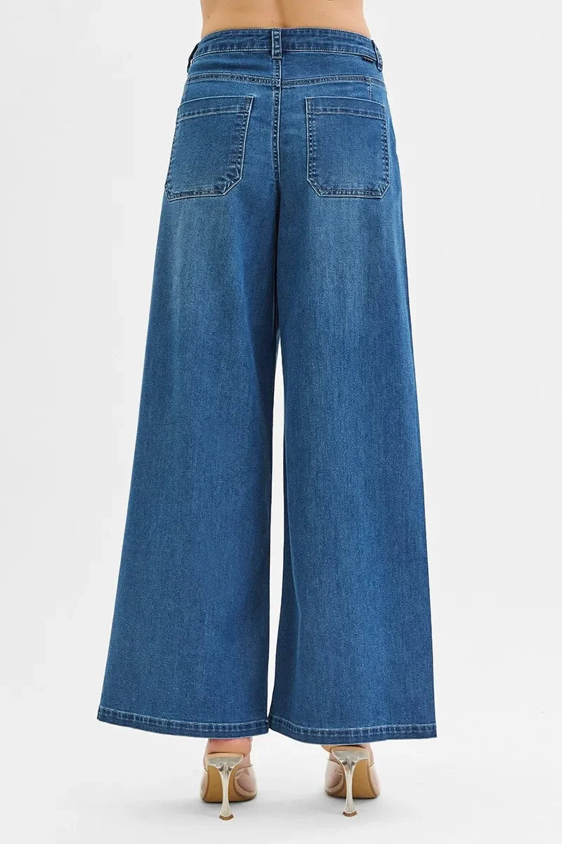 Mid Rise Fit Wide Leg Knit Denim Look Jeans - Eva's Edition