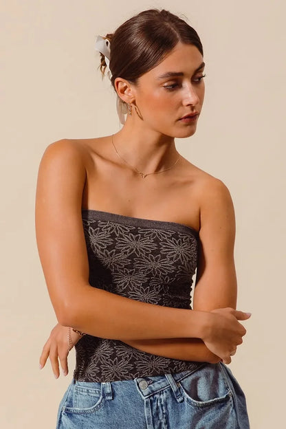 Jacquard Floral Two Tone Seamless Tube Top - Eva's Edition