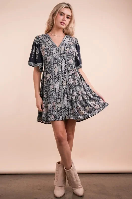 Shirring Detail Printed Woven Mini Dress - Eva's Edition
