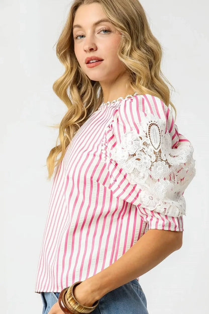 Striped Lace Puff Sleeve Blouse - Eva's Edition