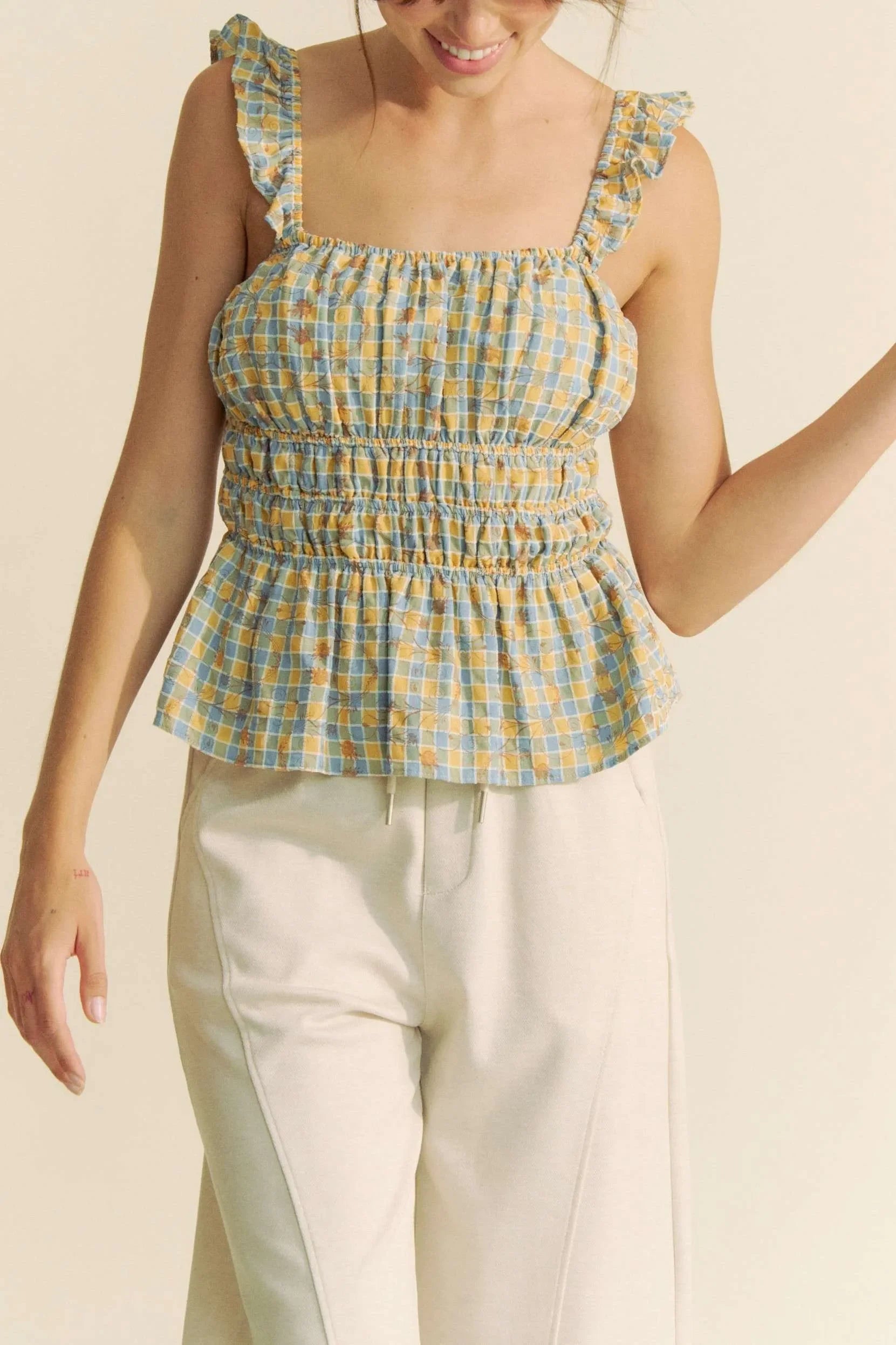 Plaid Ruffled Strap Smocked Sleeveless Top - Eva's Edition