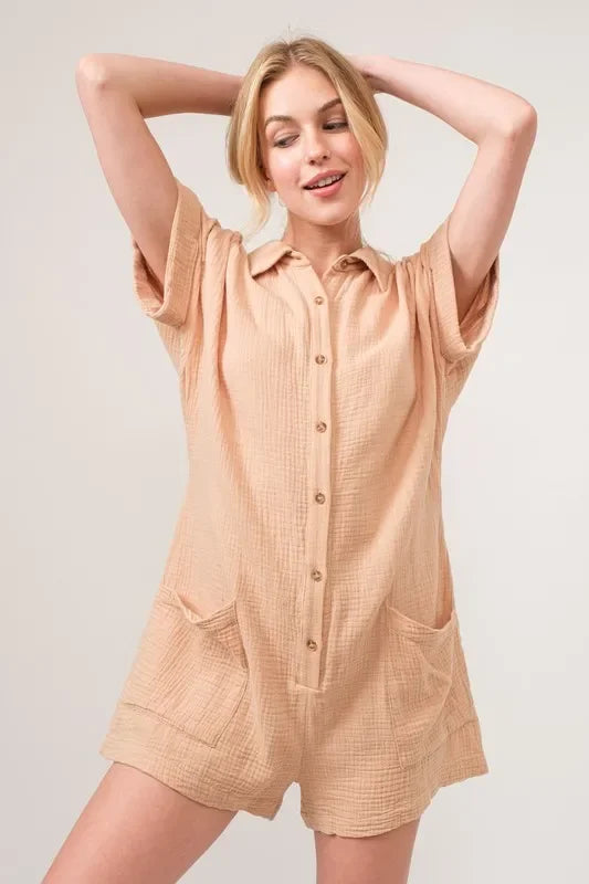 Gauze Roll-up Sleeve Comfort Utility Romper - Eva's Edition