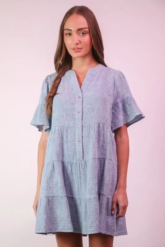 Mineral Washed Baby Bell Sleeve Woven Mini Dress - Eva's Edition