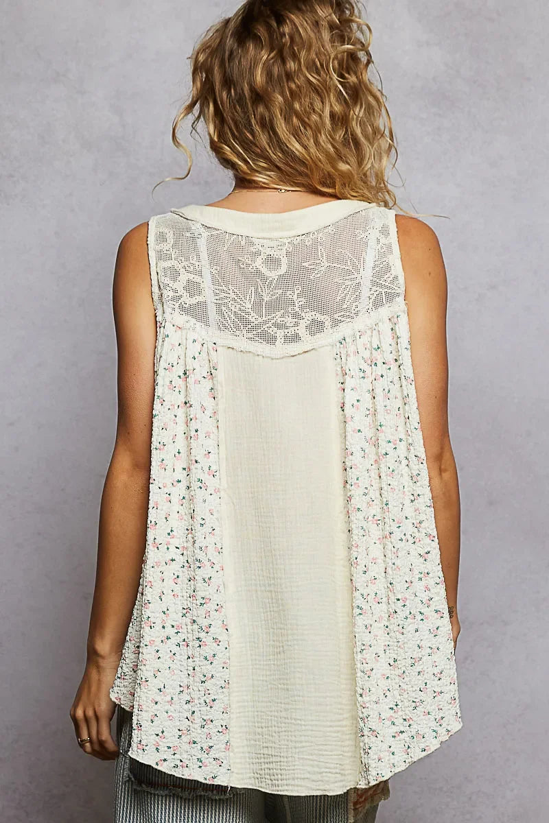 Floral Print Button-Front Lace Patchwork Tank Top - Eva's Edition