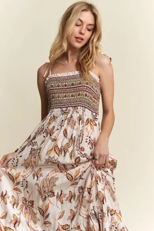 Smocked Printed Square Necktie Shoulder Cami Dress - Eva's Edition