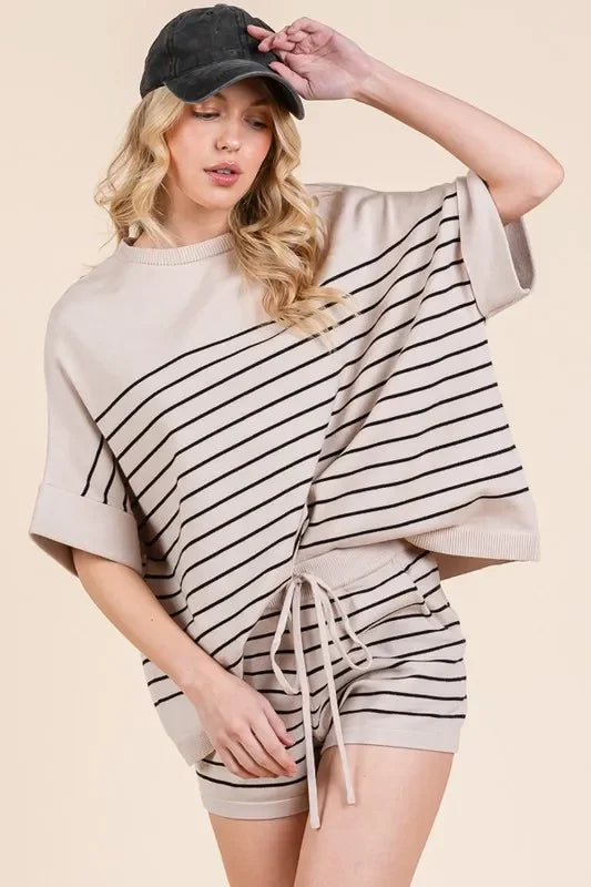 Striped Folded Half Sleeve Top and Shorts Set - Eva's Edition