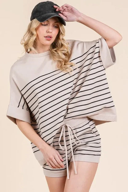 Striped Folded Half Sleeve Top and Shorts Set - Eva's Edition