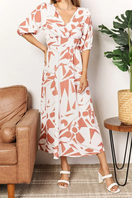 Printed Surplice Balloon Sleeve Dress - Eva's Edition