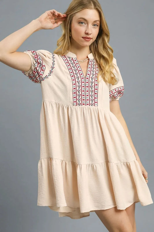 Floral Trim Puff Sleeve Mini Dress - Eva's Edition