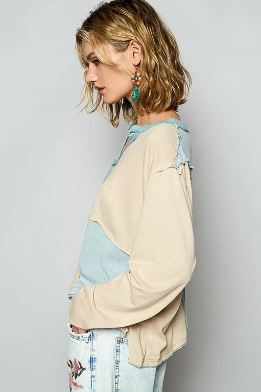 Color Block Notched Long Sleeve T-Shirt - Eva's Edition