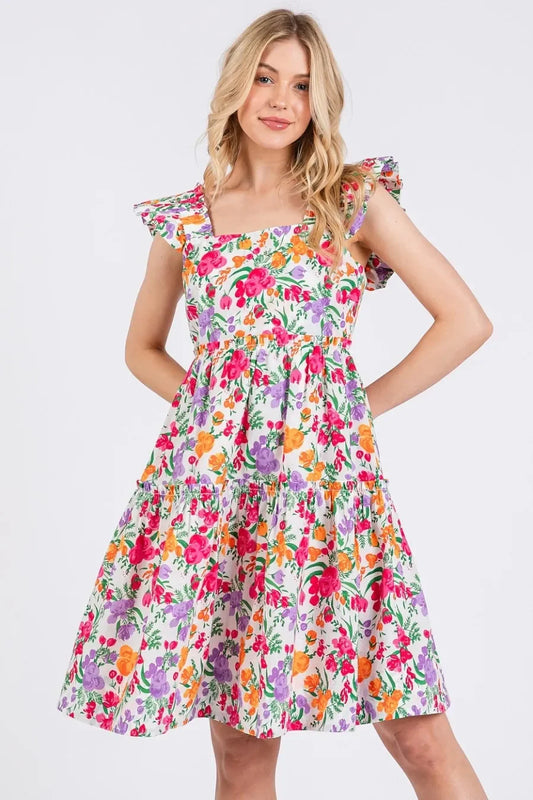 Flower Print Ruffle Shoulder A-line Mini Dress - Eva's Edition
