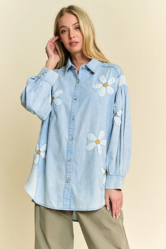 Lightweight Washed Daisy Patch Waffle Knit Shirt - Eva's Edition