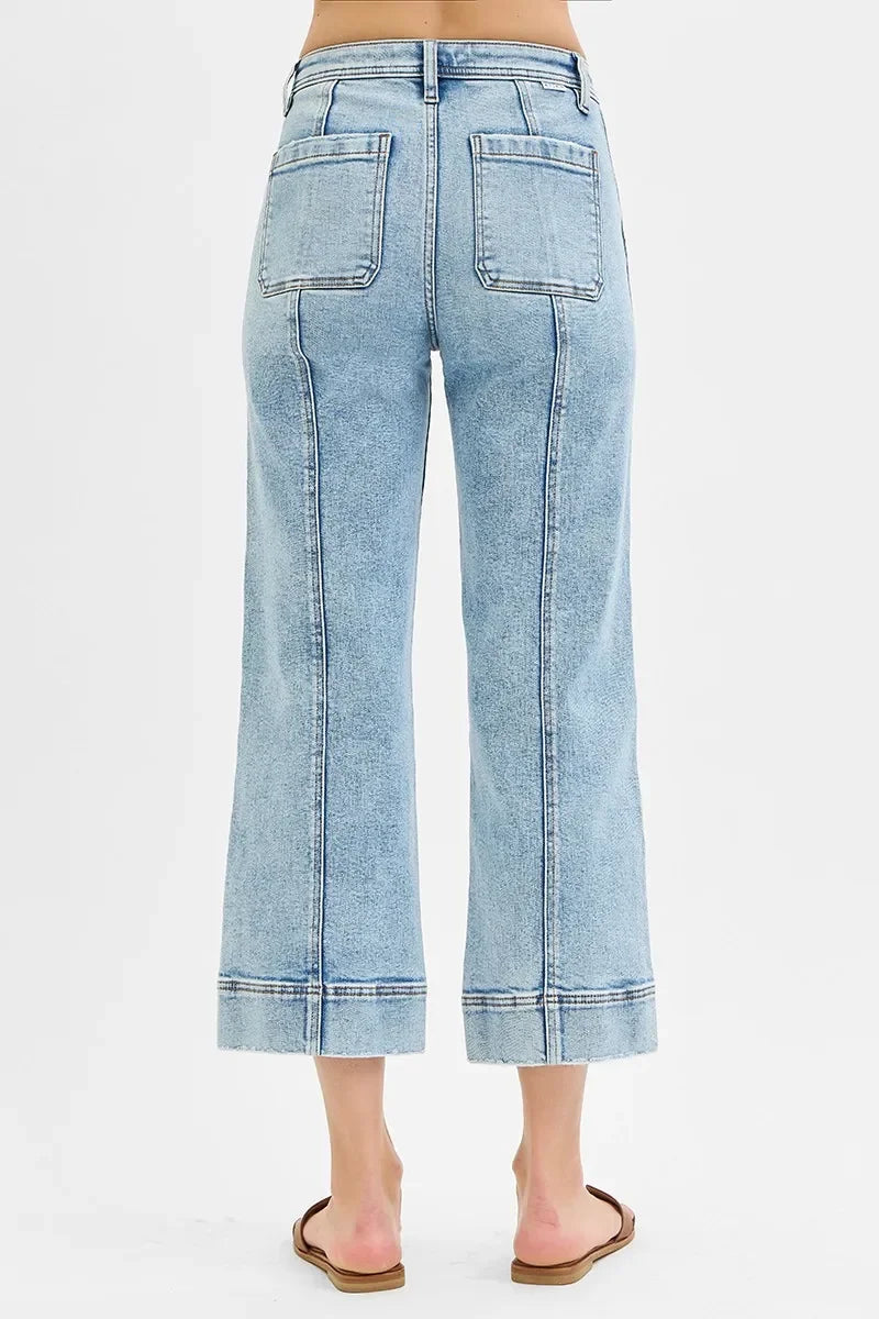 High Rise Crop Wide Front Seam Detailed Jeans Plus Size - Eva's Edition