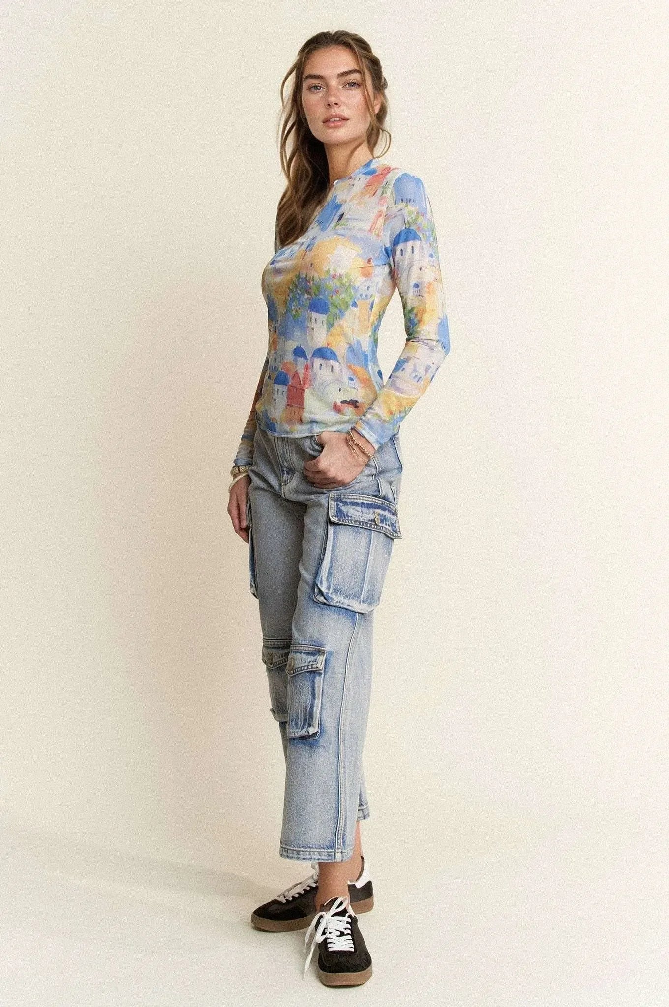 Multi Printed Mesh Round Neck Long Sleeve Top - Eva's Edition