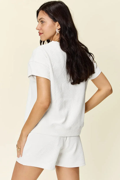 Textured Short Sleeve T-Shirt and Drawstring Shorts Set - Eva's Edition