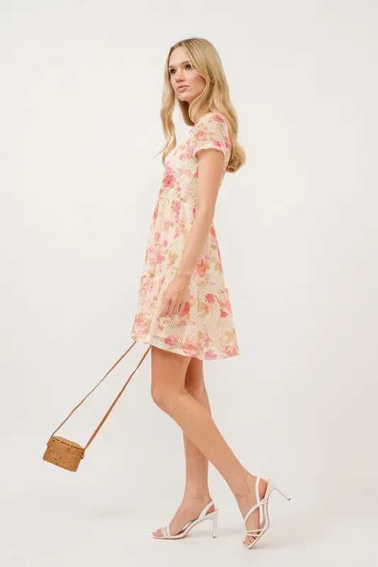 Square Neck Tiered Floral Fishnet Dress - Eva's Edition