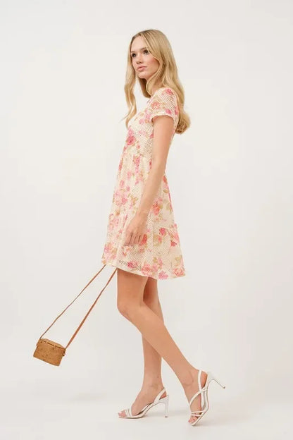 Square Neck Tiered Floral Fishnet Dress - Eva's Edition
