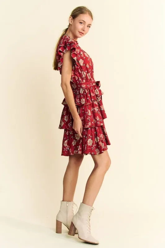 Ruffle Flutter Sleeve Tie Belt Tiered Mini Dress - Eva's Edition