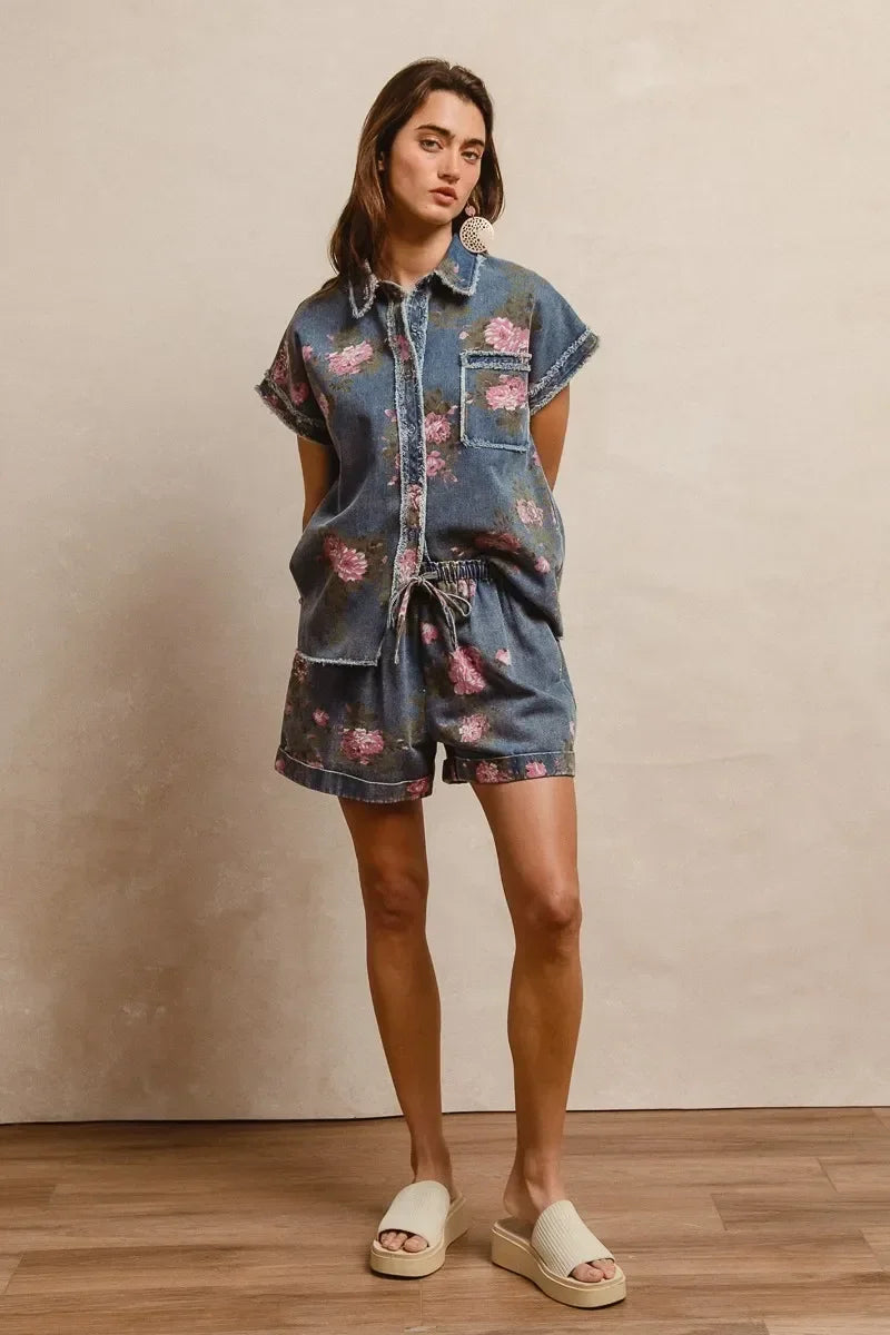 Printed Denim Short Pants With Pocket - Eva's Edition