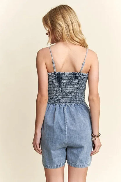 Smocked Spaghetti Strap Denim Romper - Eva's Edition