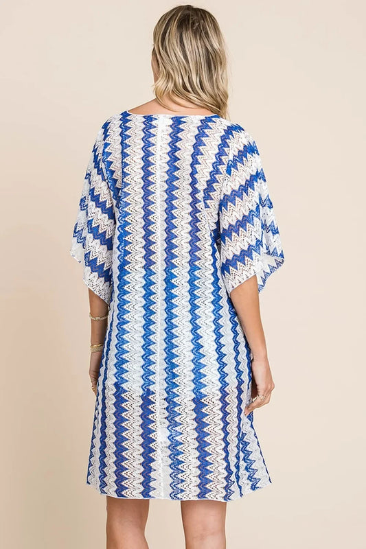 Tied Striped Plunge Half Sleeve Cover-Up - Eva's Edition