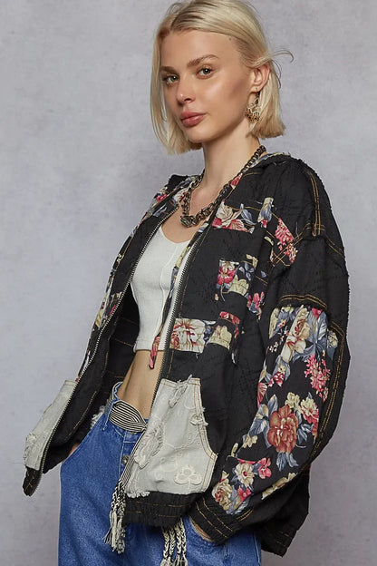 Floral and Lace Patch Washed Jacket - Eva's Edition