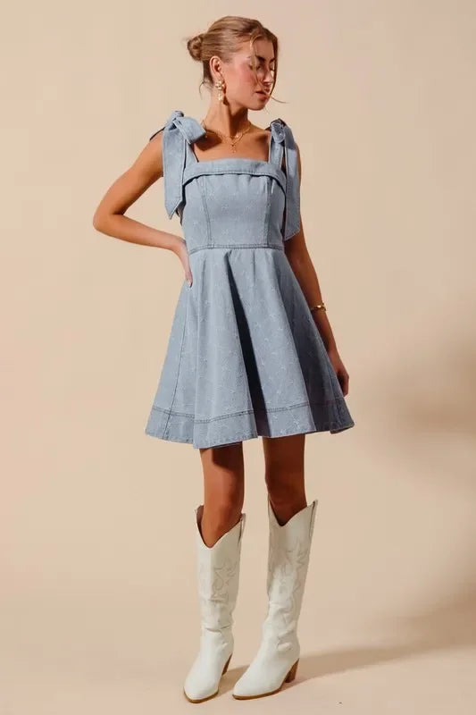 Diamond Bow Ribbon Denim Dres - Eva's Edition