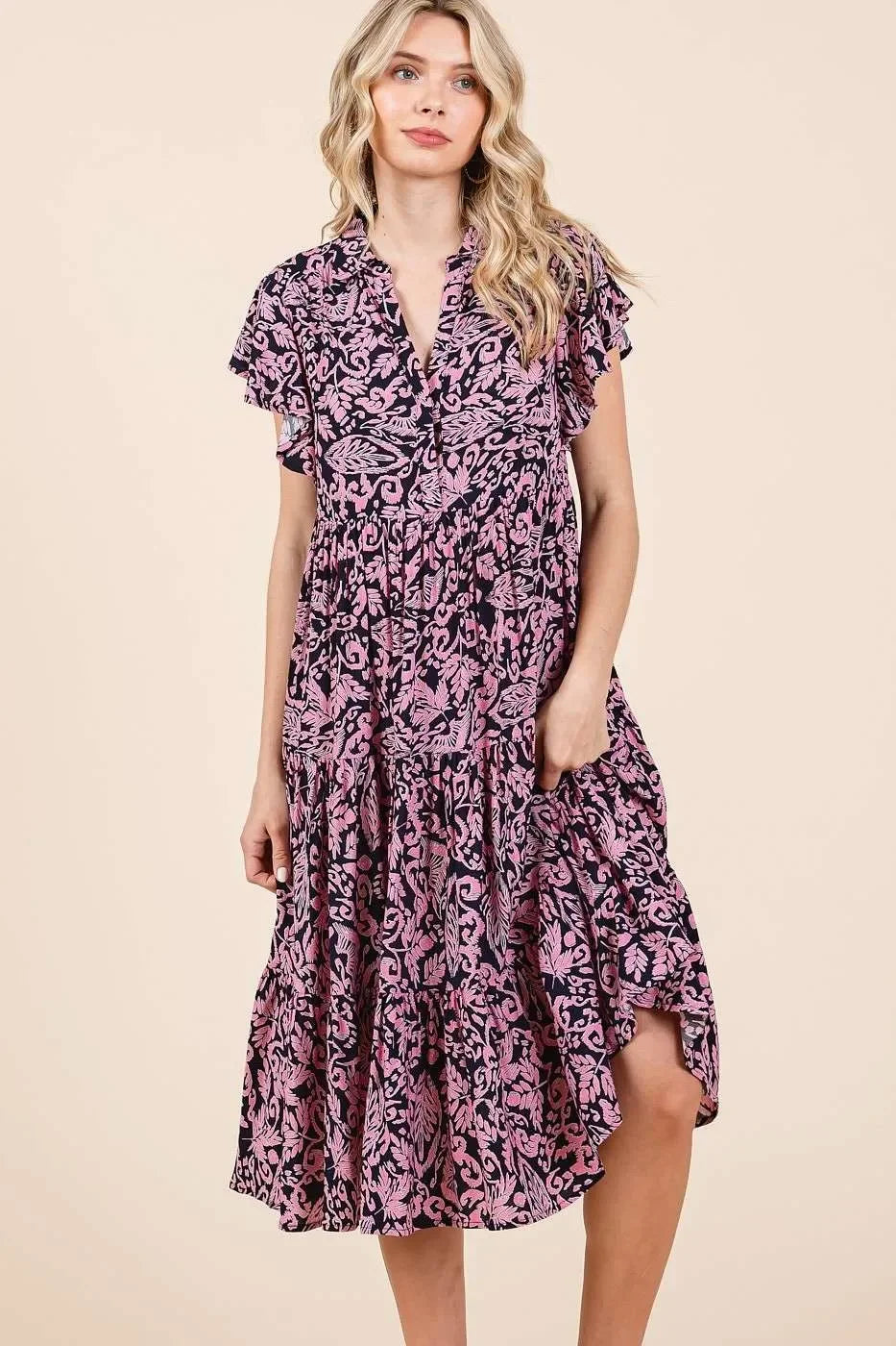 Abstract Printed Ruffle Tier Midi Dress - Eva's Edition
