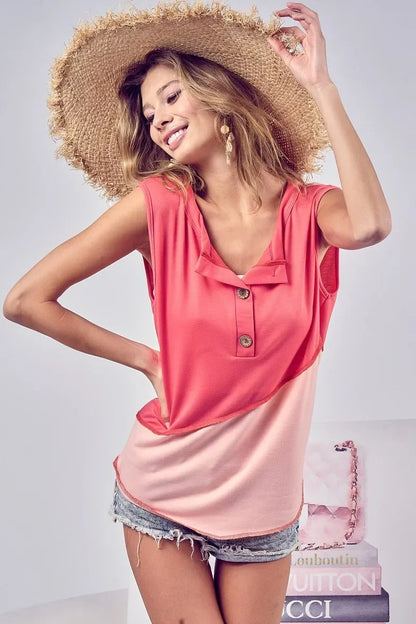 Color Block Contrast Stitching Buttoned Henley Top - Eva's Edition