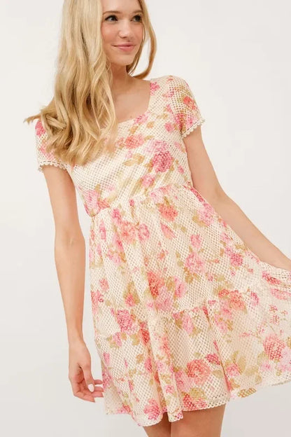 Square Neck Tiered Floral Fishnet Dress - Eva's Edition