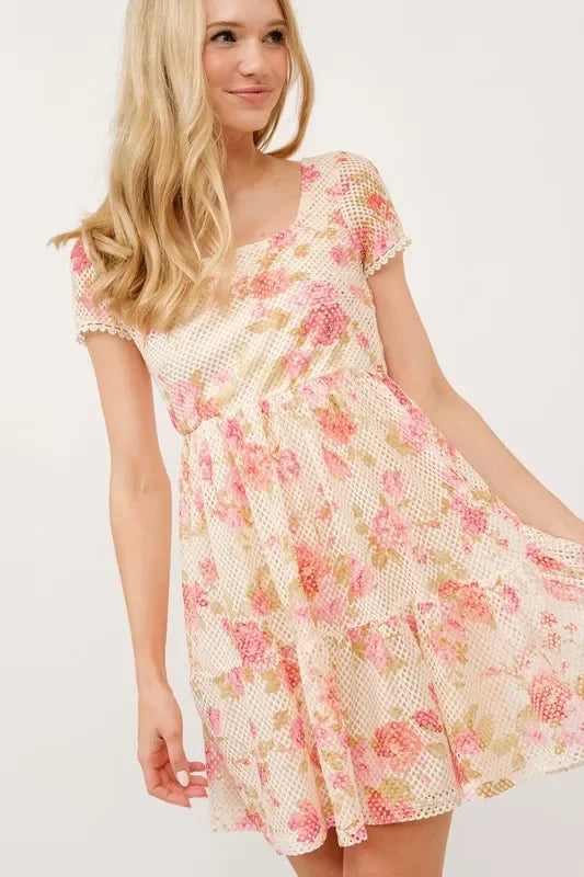 Square Neck Tiered Floral Fishnet Dress - Eva's Edition
