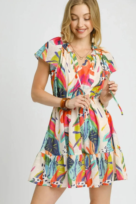 Printed Tie Neck Ruffled Hem Dress - Eva's Edition