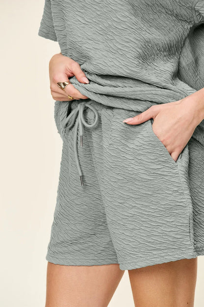 Textured Short Sleeve T-Shirt and Drawstring Shorts Set - Eva's Edition