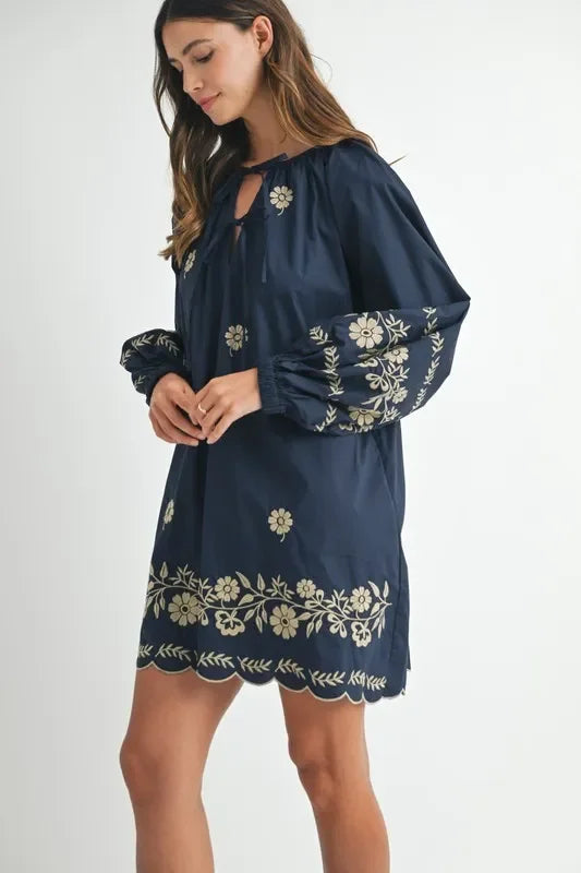 Embroidered Long Sleeve Peasant Mini Dress - Eva's Edition