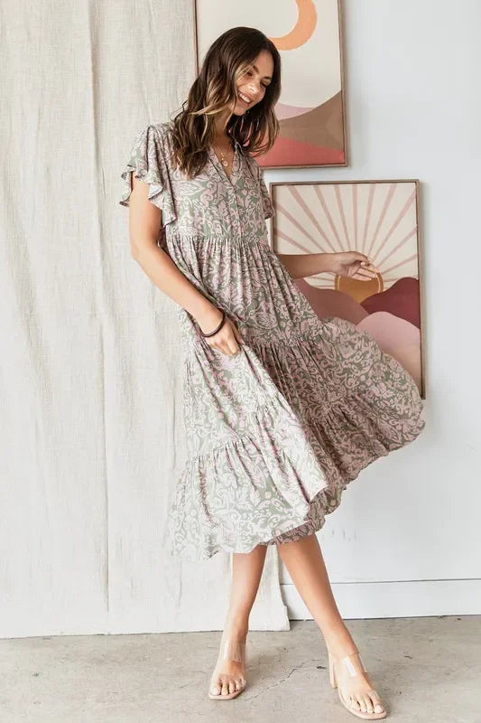 Abstract Print Ruffle Tier Midi Dress - Eva's Edition