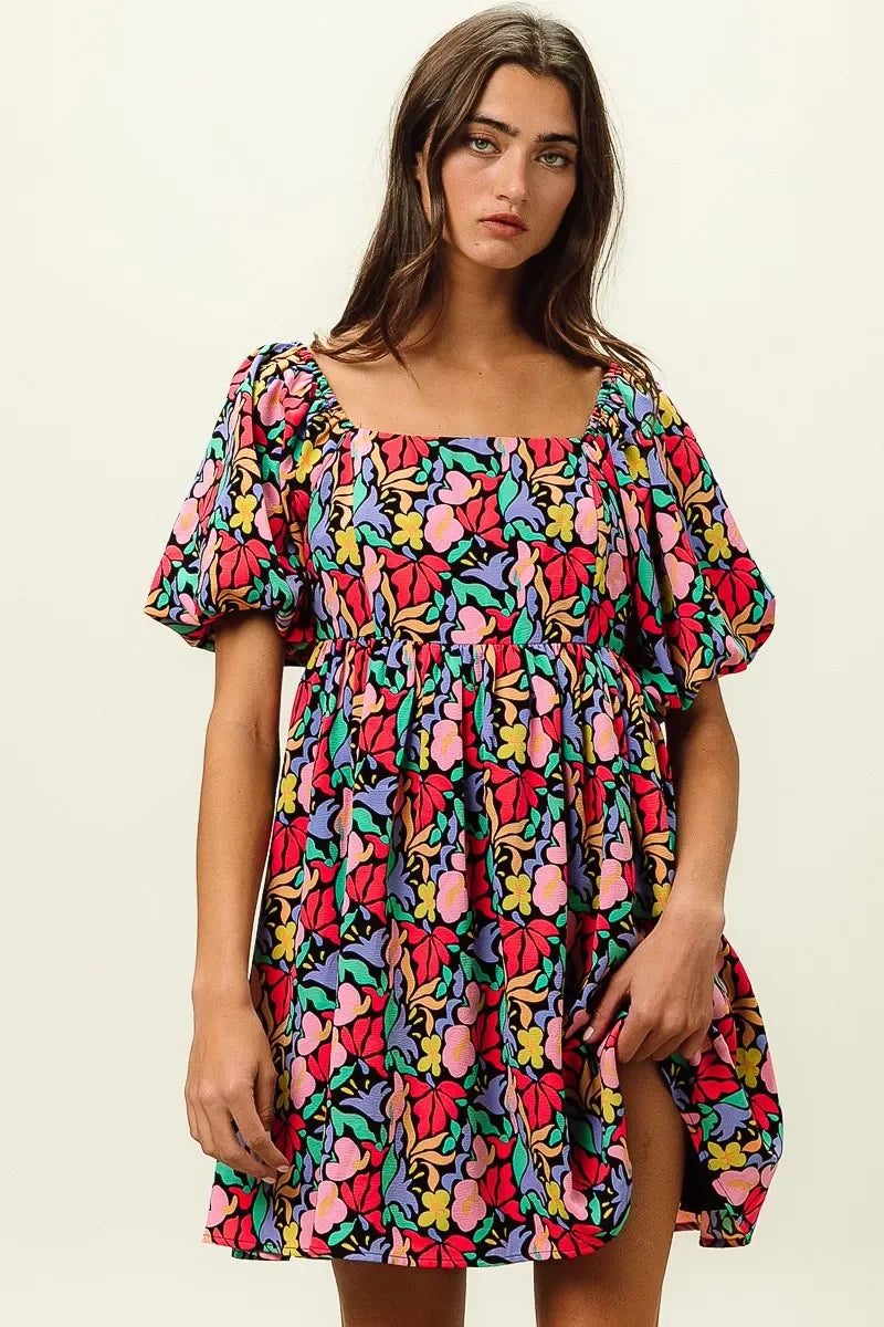 Floral Print Puff Square Neck Dress - Eva's Edition