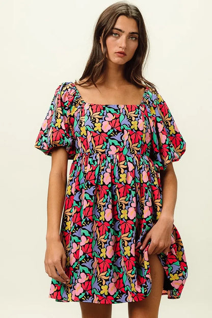 Floral Print Puff Square Neck Dress - Eva's Edition