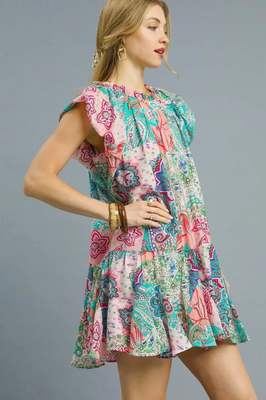 Printed Ruffle Cap Sleeve Mini Dress - Eva's Edition