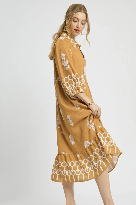 Ruffled Hem Printed Johnny Collar Midi Dress - Eva's Edition