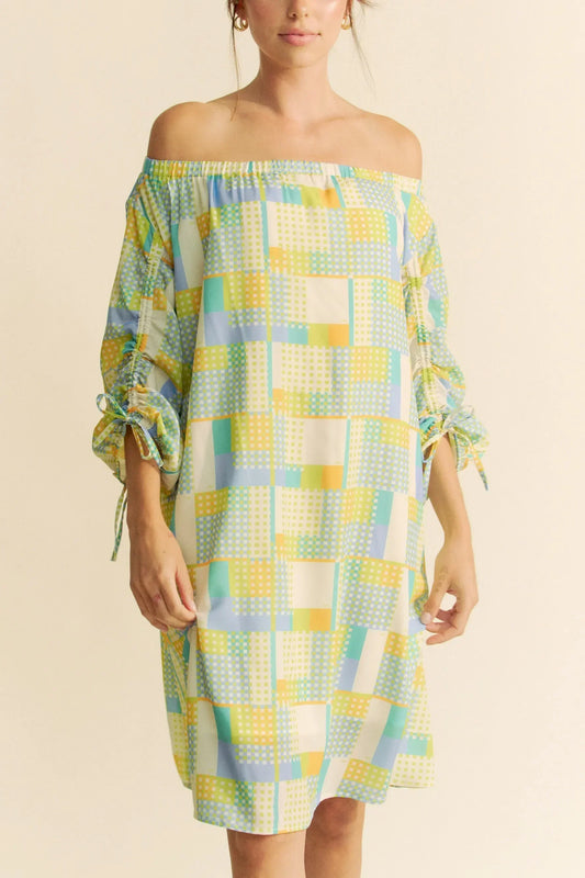 Printed Off Shoulder Drawstring Sleeve Mini Dress - Eva's Edition