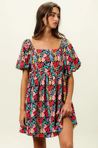 Floral Print Puff Square Neck Dress - Eva's Edition