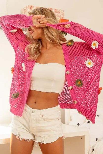 Floral Patched Open Knit Sweater Cardigan - Eva's Edition