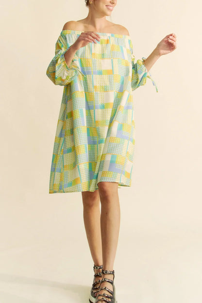 Printed Off Shoulder Drawstring Sleeve Mini Dress - Eva's Edition