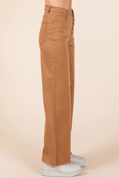 Twill High Waisted Button Fly Wide Leg Pants - Eva's Edition