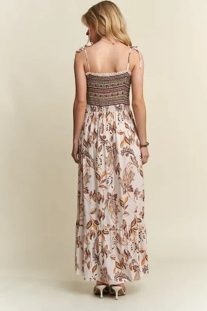 Smocked Printed Square Necktie Shoulder Cami Dress - Eva's Edition